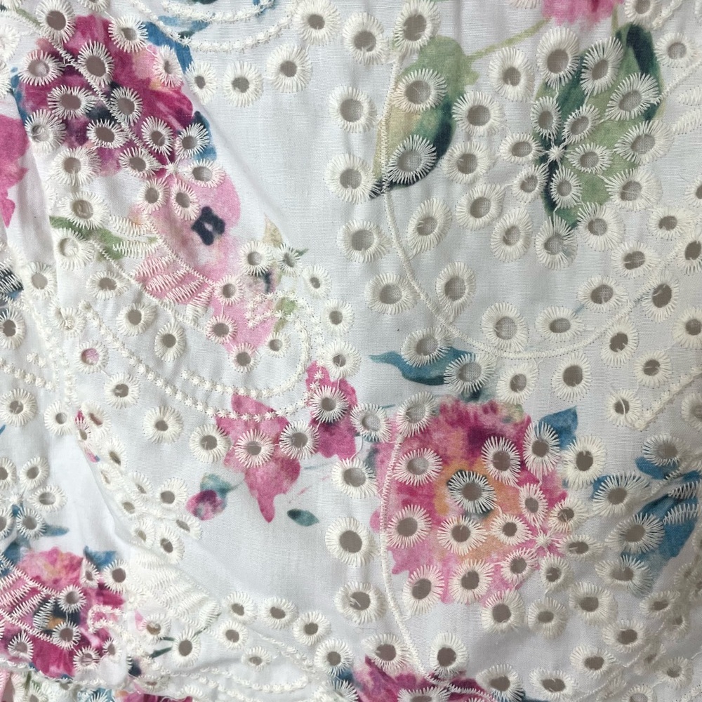Aqua Eyelet Floral Tiered Mini Dress Ruffle Sleeves Demure Romantic SZ L EUC - Picture 6 of 10